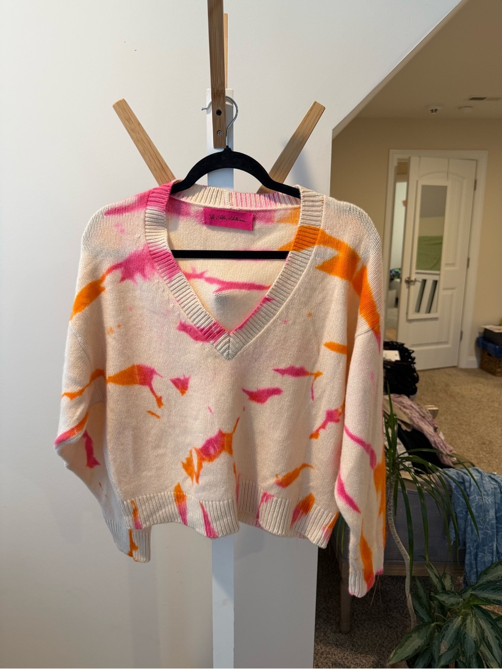 The Elder Statesman Cream V-Neck Sweater with Pink & Orange Tie-Dye